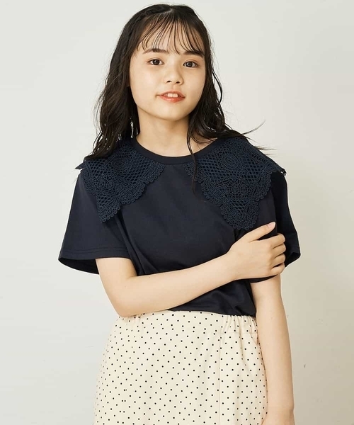 a.v.v（アーヴェヴェ）の「[140-150]レース衿半袖Tシャツ（Tシャツ/カットソー・キッズ・ネイビー/アイボリー・150/140）」の11枚目の写真
