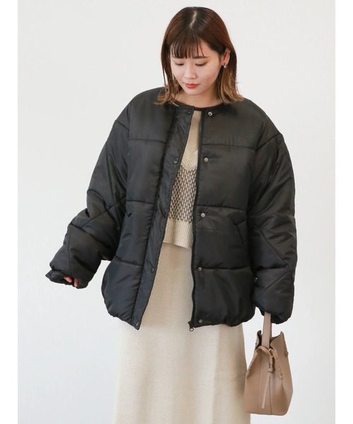 ehka sopo（エヘカソポ）の「マフラー付中綿ジャケット（ノーカラージャケット・レディース・ブラック/オフホワイト/ベージュ・ﾌﾘ-）」の9枚目の写真