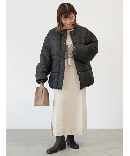ehka sopo（エヘカソポ）の「マフラー付中綿ジャケット（ノーカラージャケット・レディース・ブラック/オフホワイト/ベージュ・ﾌﾘ-）」の15枚目の写真