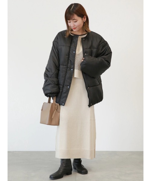 ehka sopo（エヘカソポ）の「マフラー付中綿ジャケット（ノーカラージャケット・レディース・ブラック/オフホワイト/ベージュ・ﾌﾘ-）」の16枚目の写真