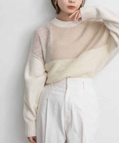 KBF（ケイビーエフ）の「マルチヤーンMIXパターンニット（ニット/セーター・レディース・チャコールグレー/グリーン/アイボリー・ONE）」の7枚目の写真