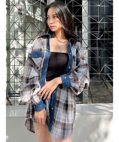 GYDA（ジェイダ）の「デニムドッキングチェック BIGシャツ（シャツ/ブラウス・レディース・グレー/アイボリー・FREE）」の5枚目の写真