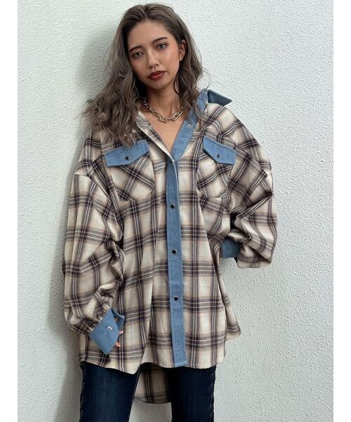 GYDA（ジェイダ）の「デニムドッキングチェック BIGシャツ（シャツ/ブラウス・レディース・グレー/アイボリー・FREE）」の15枚目の写真