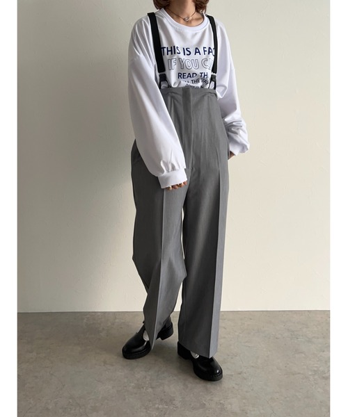 owndaily（オンデイリー）の「サスペンダー付きタックパンツ（サロペット/オーバーオール・レディース・グレー/ブラック・FREE）」の4枚目の写真