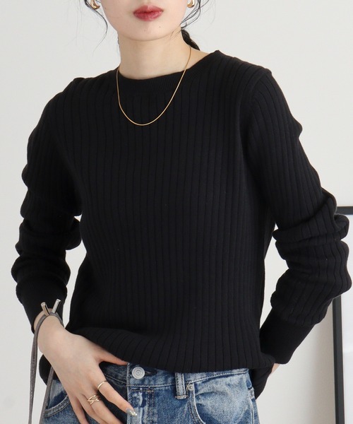 atONE(アットワン)の「atONE ラウンドネックリブニット 長袖(ニット/セーター・レディース・杢グレー/ダークグリーン/ブラック/バーガンディー/グレイッシュベージュ/オフホワイト・M-L/LL~3L/4L~5L/M~L)」の1枚目の写真