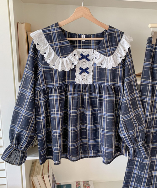 レディース 長袖チェック柄ビッグカラーフリルルームウェア 上下
