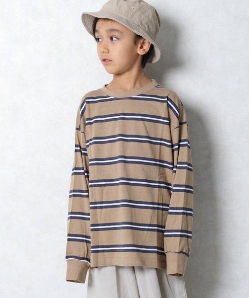 ZI-ON（ジーオン）の「ボーダーオーバーサイズロンT（Tシャツ/カットソー・キッズ・ダークグリーン/オフホワイト/ベージュ/チャコールグレー/ネイビー/ブラック/グレー系その他/ブラック系その他/グリーン系その他/ホワイト系その他/ベージュ系その他/パープル系その他・130cm/150cm/140cm/160cm/120cm/110cm）」の7枚目の写真