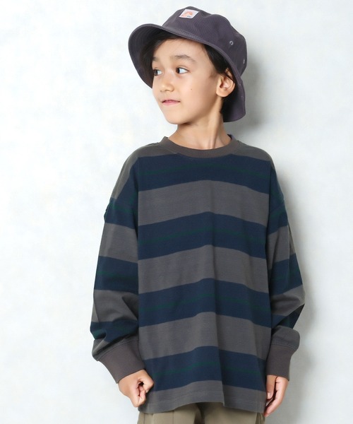 ZI-ON（ジーオン）の「ボーダーオーバーサイズロンT（Tシャツ/カットソー・キッズ・ダークグリーン/オフホワイト/ベージュ/チャコールグレー/ネイビー/ブラック/グレー系その他/ブラック系その他/グリーン系その他/ホワイト系その他/ベージュ系その他/パープル系その他・130cm/150cm/140cm/160cm/120cm/110cm）」の6枚目の写真