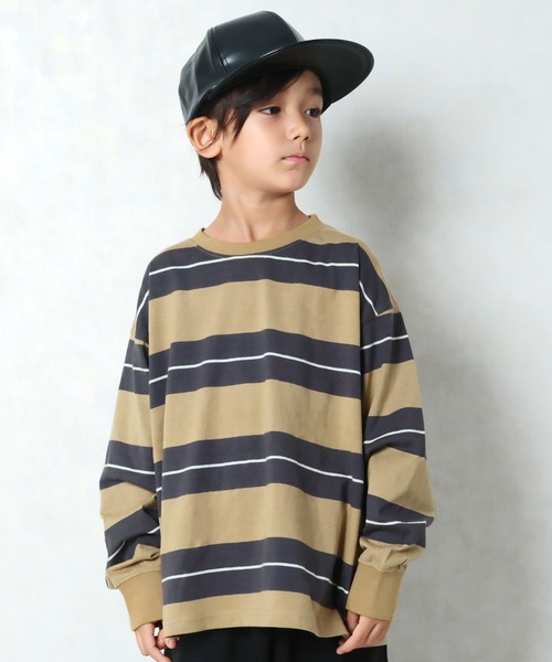 ZI-ON（ジーオン）の「ボーダーオーバーサイズロンT（Tシャツ/カットソー・キッズ・ダークグリーン/オフホワイト/ベージュ/チャコールグレー/ネイビー/ブラック/グレー系その他/ブラック系その他/グリーン系その他/ホワイト系その他/ベージュ系その他/パープル系その他・130cm/150cm/140cm/160cm/120cm/110cm）」の8枚目の写真