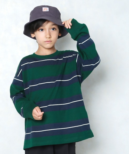 ZI-ON（ジーオン）の「ボーダーオーバーサイズロンT（Tシャツ/カットソー・キッズ・ダークグリーン/オフホワイト/ベージュ/チャコールグレー/ネイビー/ブラック/グレー系その他/ブラック系その他/グリーン系その他/ホワイト系その他/ベージュ系その他/パープル系その他・130cm/150cm/140cm/160cm/120cm/110cm）」の10枚目の写真