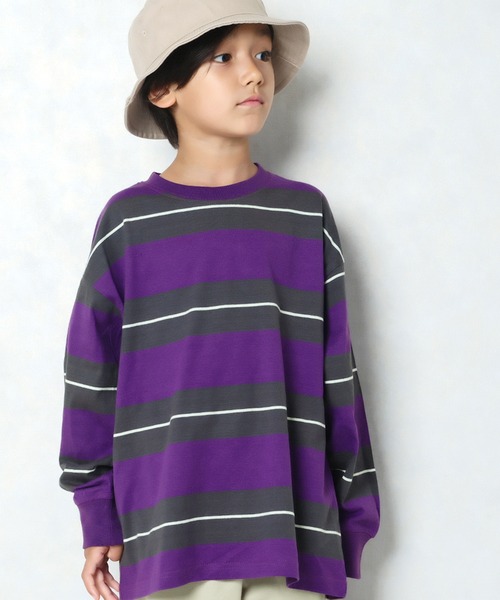 ZI-ON（ジーオン）の「ボーダーオーバーサイズロンT（Tシャツ/カットソー・キッズ・ダークグリーン/オフホワイト/ベージュ/チャコールグレー/ネイビー/ブラック/グレー系その他/ブラック系その他/グリーン系その他/ホワイト系その他/ベージュ系その他/パープル系その他・130cm/150cm/140cm/160cm/120cm/110cm）」の12枚目の写真