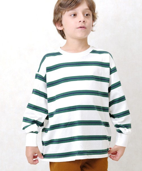 ZI-ON（ジーオン）の「ボーダーオーバーサイズロンT（Tシャツ/カットソー・キッズ・ダークグリーン/オフホワイト/ベージュ/チャコールグレー/ネイビー/ブラック/グレー系その他/ブラック系その他/グリーン系その他/ホワイト系その他/ベージュ系その他/パープル系その他・130cm/150cm/140cm/160cm/120cm/110cm）」の2枚目の写真