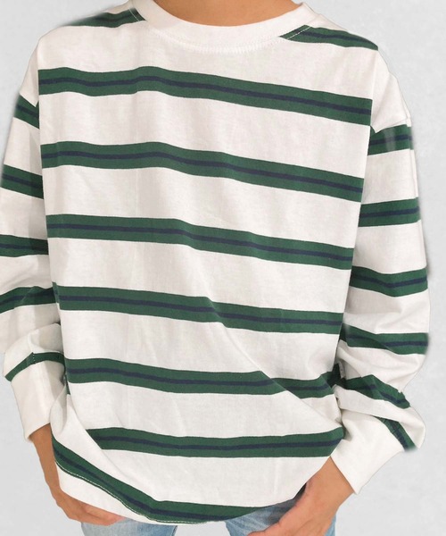 ZI-ON（ジーオン）の「ボーダーオーバーサイズロンT（Tシャツ/カットソー・キッズ・ダークグリーン/オフホワイト/ベージュ/チャコールグレー/ネイビー/ブラック/グレー系その他/ブラック系その他/グリーン系その他/ホワイト系その他/ベージュ系その他/パープル系その他・130cm/150cm/140cm/160cm/120cm/110cm）」の13枚目の写真