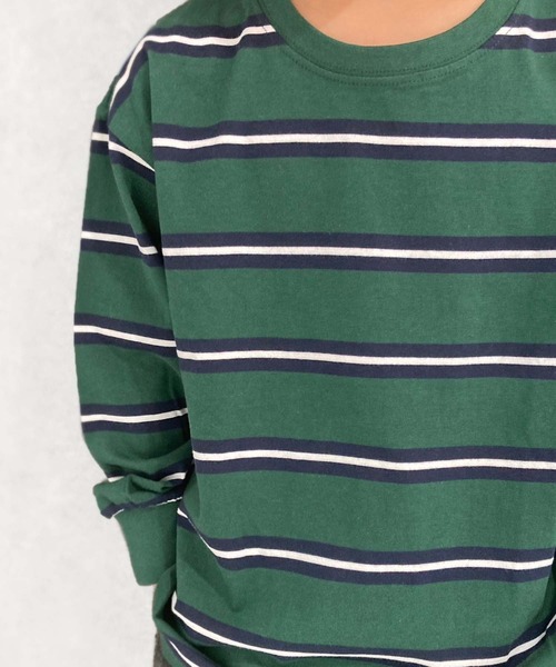 ZI-ON（ジーオン）の「ボーダーオーバーサイズロンT（Tシャツ/カットソー・キッズ・ダークグリーン/オフホワイト/ベージュ/チャコールグレー/ネイビー/ブラック/グレー系その他/ブラック系その他/グリーン系その他/ホワイト系その他/ベージュ系その他/パープル系その他・130cm/150cm/140cm/160cm/120cm/110cm）」の22枚目の写真