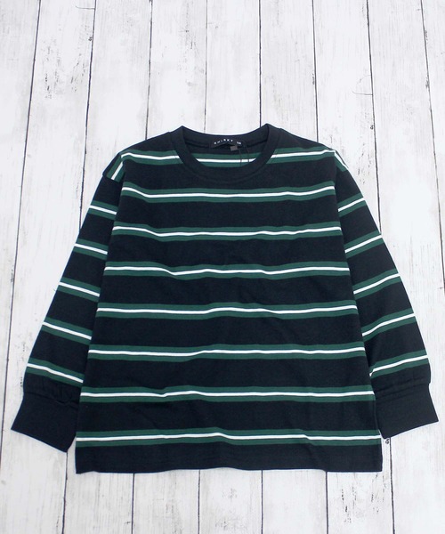 ZI-ON（ジーオン）の「ボーダーオーバーサイズロンT（Tシャツ/カットソー・キッズ・ダークグリーン/オフホワイト/ベージュ/チャコールグレー/ネイビー/ブラック/グレー系その他/ブラック系その他/グリーン系その他/ホワイト系その他/ベージュ系その他/パープル系その他・130cm/150cm/140cm/160cm/120cm/110cm）」の16枚目の写真