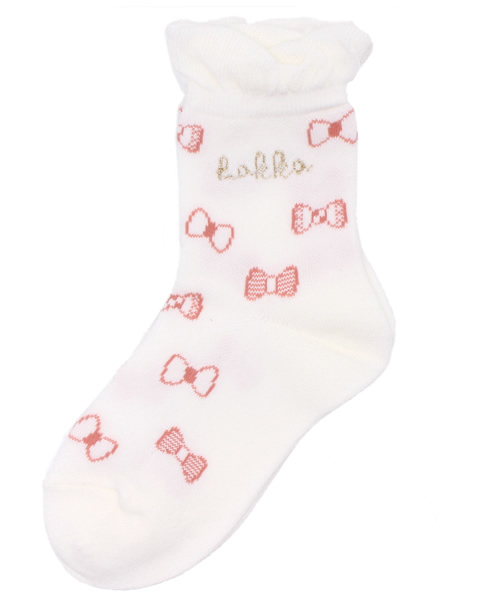 HAKKA KIDS（ハッカキッズ）の「リボン、ロゴジャガード柄フリル付きソックス（ソックス/靴下・キッズ・ピンク/オフホワイト/チャコールグレー・SMALL/MEDIUM）」の2枚目の写真