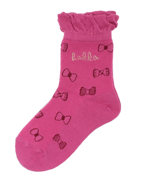 HAKKA KIDS（ハッカキッズ）の「リボン、ロゴジャガード柄フリル付きソックス（ソックス/靴下・キッズ・ピンク/オフホワイト/チャコールグレー・SMALL/MEDIUM）」の3枚目の写真