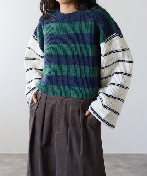 COMMRE（コムル）の「配色切り替えボーダーショートニットプルオーバー（ニット/セーター・レディース・グリーン/ブルー/レッド・FREE）」の16枚目の写真