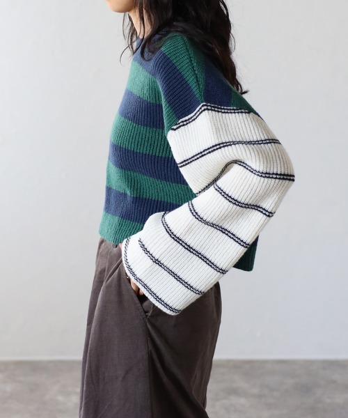 COMMRE（コムル）の「配色切り替えボーダーショートニットプルオーバー（ニット/セーター・レディース・グリーン/ブルー/レッド・FREE）」の18枚目の写真