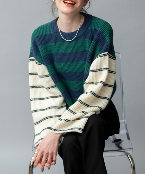 COMMRE（コムル）の「配色切り替えボーダーショートニットプルオーバー（ニット/セーター・レディース・グリーン/ブルー/レッド・FREE）」の12枚目の写真