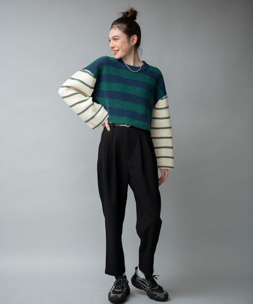 COMMRE（コムル）の「配色切り替えボーダーショートニットプルオーバー（ニット/セーター・レディース・グリーン/ブルー/レッド・FREE）」の14枚目の写真