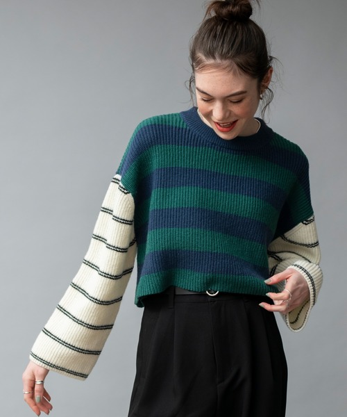 COMMRE（コムル）の「配色切り替えボーダーショートニットプルオーバー（ニット/セーター・レディース・グリーン/ブルー/レッド・FREE）」の7枚目の写真