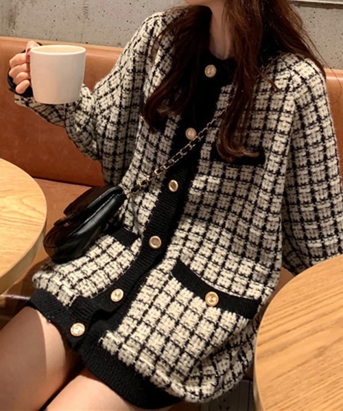 gossip!ロサンゼルス(ゴシップロサンゼルス)の「YUGA チェック柄カーディガン(カーディガン/ボレロ・レディース・ホワイト/ブラック・FREE)」の1枚目の写真