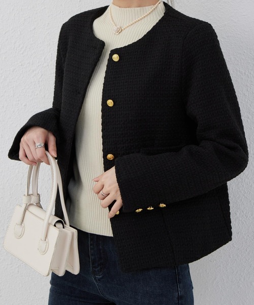 セール】ゴールドボタン ノーカラーツイードジャケット（ノーカラー