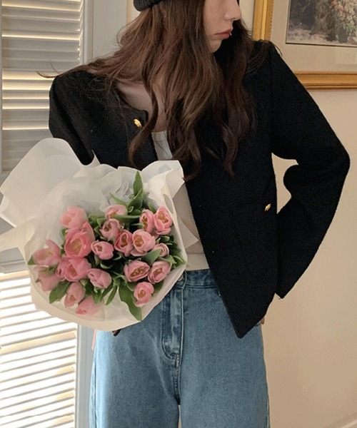 MAISON DE THERESE(メゾン ド テレーズ)の「ゴールドボタン ノーカラーツイードジャケット(ノーカラージャケット・レディース・ブラック/キナリ・S/M/L/XL)」の9枚目の写真