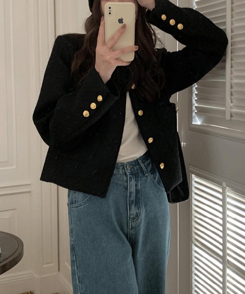 セール】ゴールドボタン ノーカラーツイードジャケット（ノーカラー