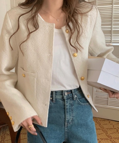 ホワイト ノーカラージャケット ゴールドボタン セール】ゴールドボタン ノーカラーツイードジャケット（ノーカラー