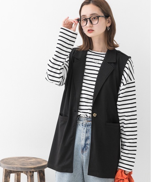 ad thie(アドティエ)の「ストレッチ素材 ポケット付き テーラードジレ(ベスト・レディース・ピンク/グリーン/グレー/イエロー/ブラック/ベージュ/ブラウン・FREE)」の9枚目の写真