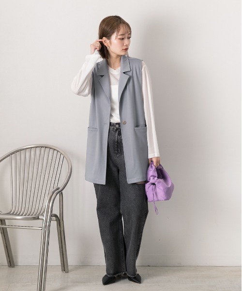 ad thie(アドティエ)の「ストレッチ素材 ポケット付き テーラードジレ(ベスト・レディース・ピンク/グリーン/グレー/イエロー/ブラック/ベージュ/ブラウン・FREE)」の12枚目の写真