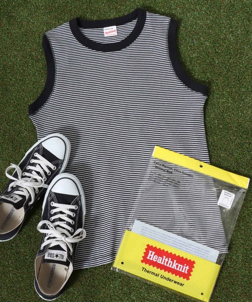 Healthknit(ヘルスニット)の「Healthknit(ヘルスニット)ベーシックワッフル クルーネックノースリーブTシャツ/パックT/無地 ボーダー(Tシャツ/カットソー・レディース・グリーン系その他/ブラック/イエロー系その他/ホワイト×ブラック/ピンク/オフホワイト/ブルー系その他/ブルー系その他2・M)」の3枚目の写真