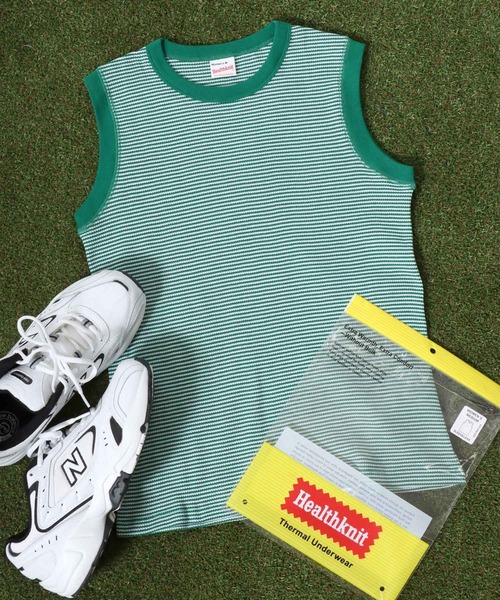 Healthknit(ヘルスニット)の「Healthknit(ヘルスニット)ベーシックワッフル クルーネックノースリーブTシャツ/パックT/無地 ボーダー(Tシャツ/カットソー・レディース・グリーン系その他/ブラック/イエロー系その他/ホワイト×ブラック/ピンク/オフホワイト/ブルー系その他/ブルー系その他2・M)」の4枚目の写真