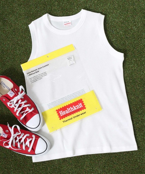 Healthknit(ヘルスニット)の「Healthknit(ヘルスニット)ベーシックワッフル クルーネックノースリーブTシャツ/パックT/無地 ボーダー(Tシャツ/カットソー・レディース・グリーン系その他/ブラック/イエロー系その他/ホワイト×ブラック/ピンク/オフホワイト/ブルー系その他/ブルー系その他2・M)」の2枚目の写真