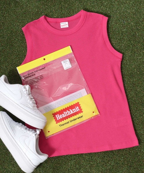 Healthknit(ヘルスニット)の「Healthknit(ヘルスニット)ベーシックワッフル クルーネックノースリーブTシャツ/パックT/無地 ボーダー(Tシャツ/カットソー・レディース・グリーン系その他/ブラック/イエロー系その他/ホワイト×ブラック/ピンク/オフホワイト/ブルー系その他/ブルー系その他2・M)」の8枚目の写真