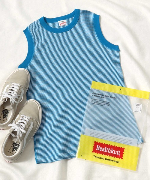 Healthknit(ヘルスニット)の「Healthknit(ヘルスニット)ベーシックワッフル クルーネックノースリーブTシャツ/パックT/無地 ボーダー(Tシャツ/カットソー・レディース・グリーン系その他/ブラック/イエロー系その他/ホワイト×ブラック/ピンク/オフホワイト/ブルー系その他/ブルー系その他2・M)」の6枚目の写真