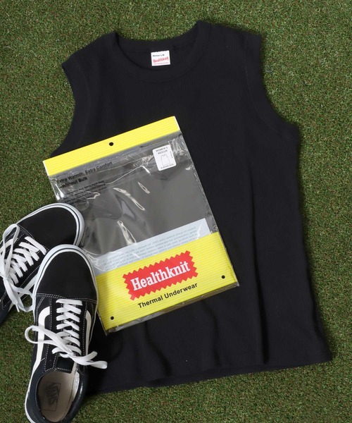 Healthknit(ヘルスニット)の「Healthknit(ヘルスニット)ベーシックワッフル クルーネックノースリーブTシャツ/パックT/無地 ボーダー(Tシャツ/カットソー・レディース・グリーン系その他/ブラック/イエロー系その他/ホワイト×ブラック/ピンク/オフホワイト/ブルー系その他/ブルー系その他2・M)」の1枚目の写真