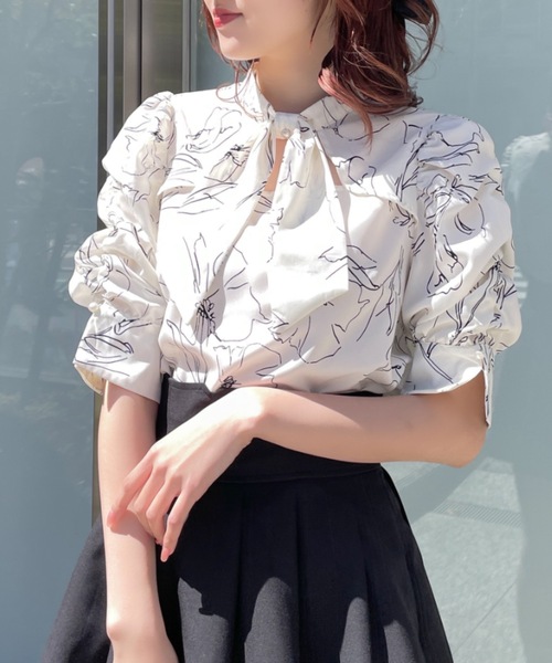 レディース ブラウス ベージュ M．グレー パール釦 ハイネックブラウス【お仕事OK】オフ