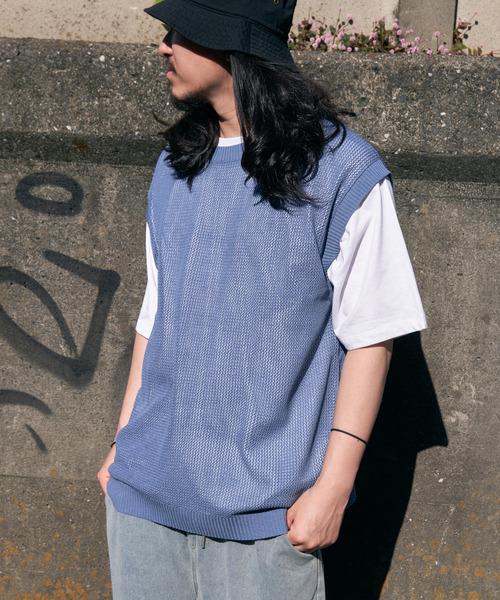 VENCEEXCHANGE（ヴァンスエクスチェンジ）の「【2点セット】メッシュニットベストアンサンブルTシャツ（Tシャツ/カットソー・メンズ・ライム/グリーン/ブルー系/グレー/ブラック・M/L）」の5枚目の写真