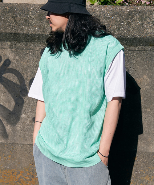 VENCEEXCHANGE（ヴァンスエクスチェンジ）の「【2点セット】メッシュニットベストアンサンブルTシャツ（Tシャツ/カットソー・メンズ・ライム/グリーン/ブルー系/グレー/ブラック・M/L）」の3枚目の写真