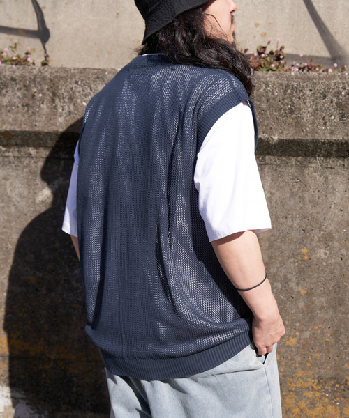 VENCEEXCHANGE（ヴァンスエクスチェンジ）の「【2点セット】メッシュニットベストアンサンブルTシャツ（Tシャツ/カットソー・メンズ・ライム/グリーン/ブルー系/グレー/ブラック・M/L）」の4枚目の写真