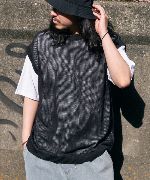 VENCEEXCHANGE（ヴァンスエクスチェンジ）の「【2点セット】メッシュニットベストアンサンブルTシャツ（Tシャツ/カットソー・メンズ・ライム/グリーン/ブルー系/グレー/ブラック・M/L）」の2枚目の写真
