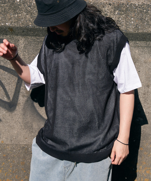 VENCEEXCHANGE（ヴァンスエクスチェンジ）の「【2点セット】メッシュニットベストアンサンブルTシャツ（Tシャツ/カットソー・メンズ・ライム/グリーン/ブルー系/グレー/ブラック・M/L）」の6枚目の写真