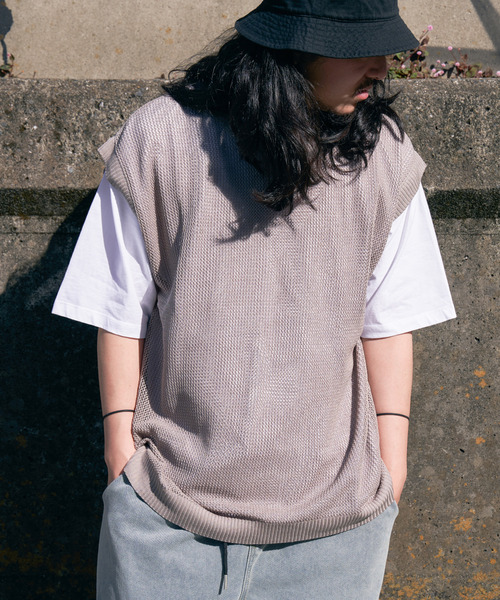 VENCEEXCHANGE（ヴァンスエクスチェンジ）の「【2点セット】メッシュニットベストアンサンブルTシャツ（Tシャツ/カットソー・メンズ・ライム/グリーン/ブルー系/グレー/ブラック・M/L）」の8枚目の写真