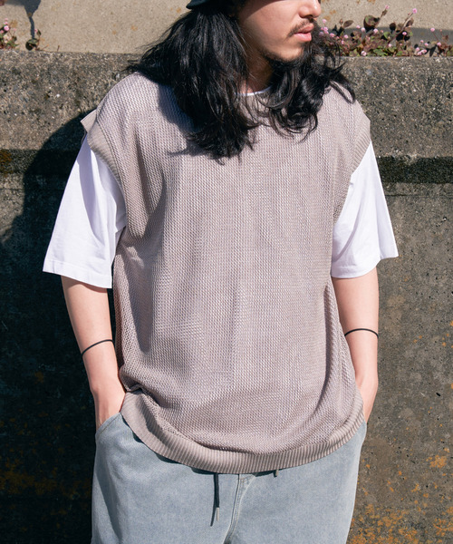 VENCEEXCHANGE（ヴァンスエクスチェンジ）の「【2点セット】メッシュニットベストアンサンブルTシャツ（Tシャツ/カットソー・メンズ・ライム/グリーン/ブルー系/グレー/ブラック・M/L）」の9枚目の写真