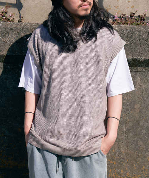 VENCEEXCHANGE（ヴァンスエクスチェンジ）の「【2点セット】メッシュニットベストアンサンブルTシャツ（Tシャツ/カットソー・メンズ・ライム/グリーン/ブルー系/グレー/ブラック・M/L）」の10枚目の写真