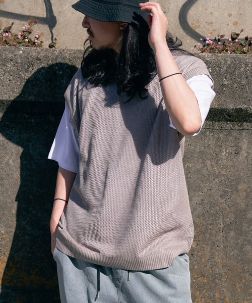 VENCEEXCHANGE（ヴァンスエクスチェンジ）の「【2点セット】メッシュニットベストアンサンブルTシャツ（Tシャツ/カットソー・メンズ・ライム/グリーン/ブルー系/グレー/ブラック・M/L）」の12枚目の写真