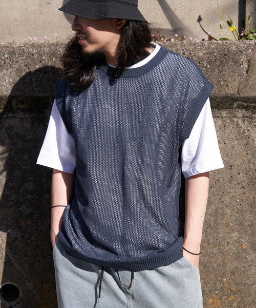 VENCEEXCHANGE（ヴァンスエクスチェンジ）の「【2点セット】メッシュニットベストアンサンブルTシャツ（Tシャツ/カットソー・メンズ・ライム/グリーン/ブルー系/グレー/ブラック・M/L）」の14枚目の写真